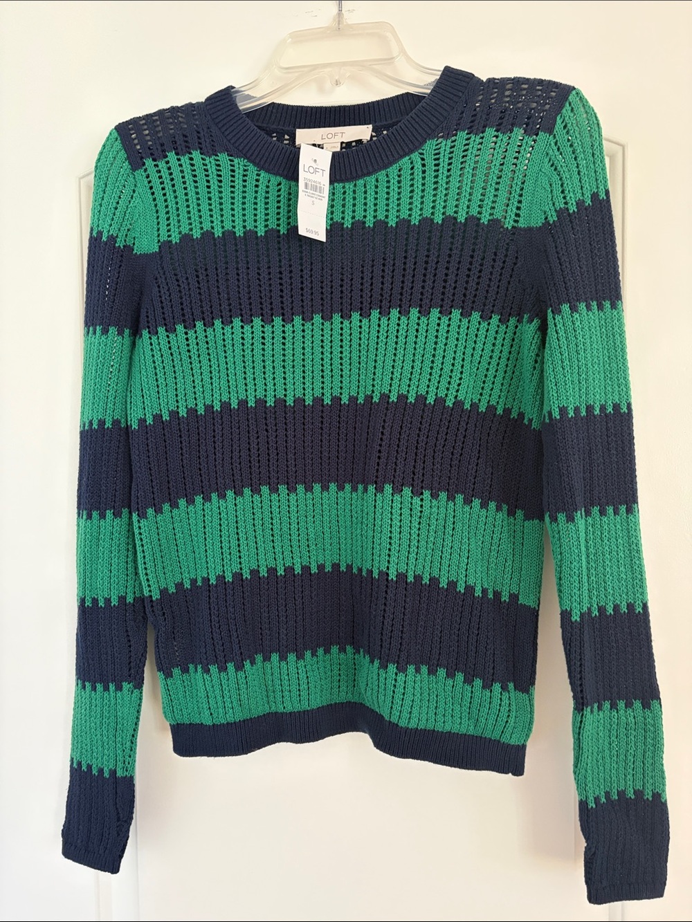 LOFT Navy and Green Striped Open-Knit Crew Sweater